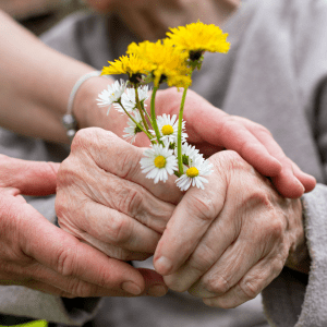 elderly woman holding yellow flowers