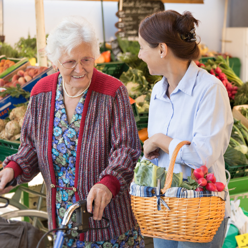 Caregiver grocery shopping with elderly lady