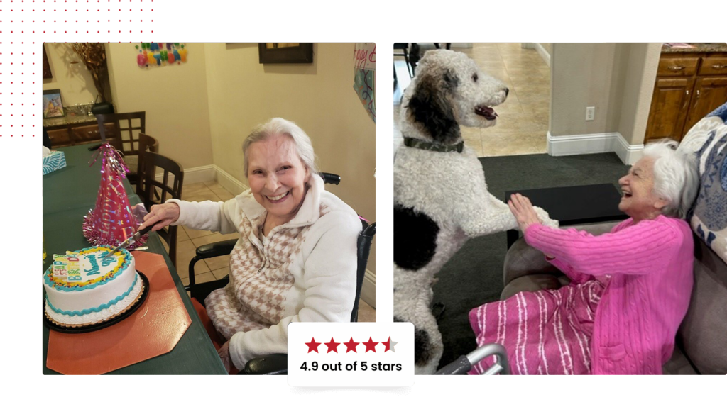 elderly woman with birthday cake and dog